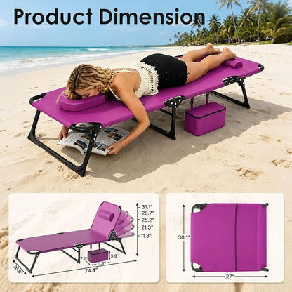 Suteck Tanning Chair with Face Hole, Folding Beach Lounge Chairs, Pink | Adjustable 5-Position Reclining Chaise, Removable Cushion & Pillow, Cooler Bag, 500Lbs Heavy-Duty for Outdoor Camping& Home