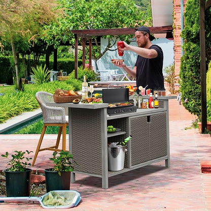 Domi Outdoor Kitchen Bar, Hand-Made Wicker Freestanding Island Home Bar Unit w/Storage Cabinets, Adjustable Shelves, Umbrella Hole, Premium Aluminum Frame, for Patio, Kitchen