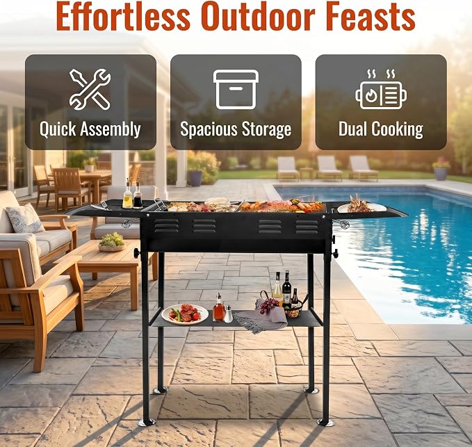 Portable Charcoal Grill, Foldable BBQ Grill for Camping, Backyard and Picnic, Adjustable Height Outdoor Charcoal Grill with Grill Grate, Griddle Pan, Side Shelves and Carry Bag, Black