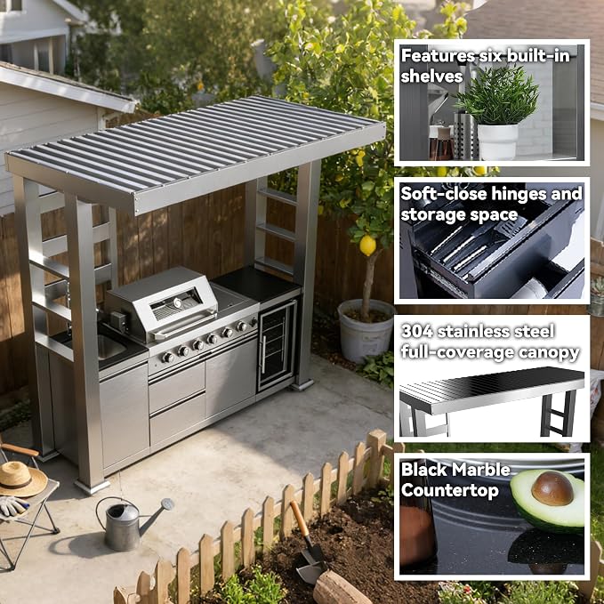 97 Inch Outdoor Kitchen Island with Shed, 72000 BTU 4-Burner Stainless Steel Propane Gas Grill, Wine Cooler Refrigerator, Galvanized Steel Roof, Black Granite Countertop, Silver
