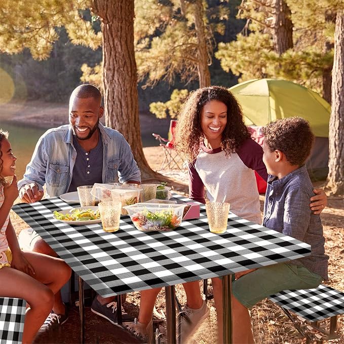 Buffalo Plaid Picnic Fitted Tablecloth and Bench Cover, 3-Piece Set, Edged Checkered Fitted Tablecloth for Outdoor Dining, Camping, RVs, Picnics, Patios Decor, 72x28 in