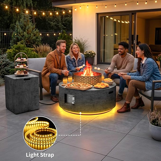 2-Piece Outdoor Propane Fire Pit Table Set w Tank Table 30'' Round Fire Pit Table w Wood Grain Firepit Table for Outside Gas Fire Pit w 304 Stainless Steel Burner 50,000 BTU, Dark Gray w Warm LED