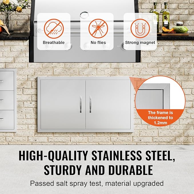 VEVOR BBQ Access Door, 36W x 21H Inch Double Outdoor Kitchen Door, Stainless Steel Flush Mount Door, Wall Vertical Door with Handles, for BBQ Island, Grilling Station, Outside Cabinet, Silver