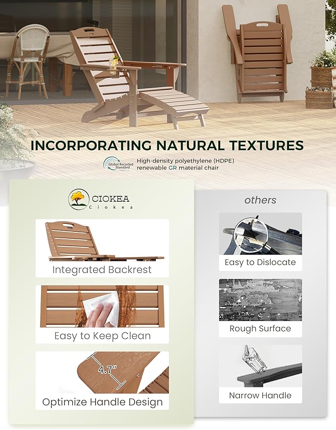 Ciokea Folding Adirondack Chair Set of 2 with Retractable Ottoman Fire Pit Patio Chair with Pull Out Foot Rest Weather Resistant Lawn Outdoor Chair with 2 Cup Holder (Teak)