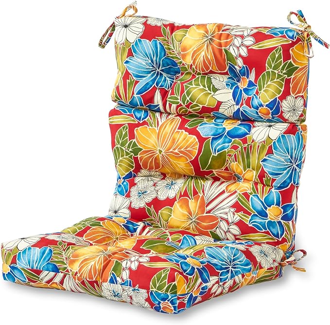 Outdoor Tufted High-Back Chair Cushions, One-Piece Hinged Seat and Back Design, Reversible with 4 Ties, Durable Polyester Fabric, Recycled Fiber Fill - Single, Aloha Red Floral