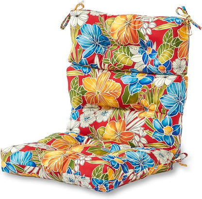 Outdoor Tufted High-Back Chair Cushions, One-Piece Hinged Seat and Back Design, Reversible with 4 Ties, Durable Polyester Fabric, Recycled Fiber Fill - Single, Aloha Red Floral