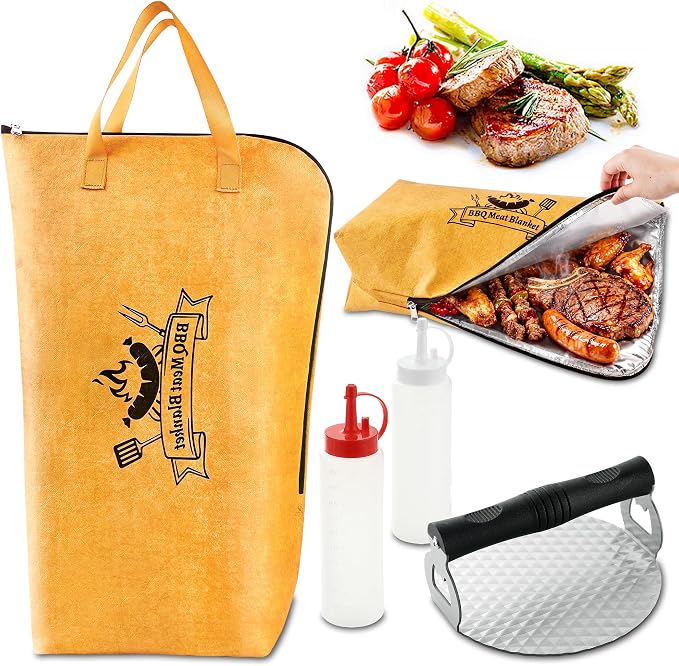 DY DECENT FAMILY BBQ Blanket for Resting Meat with Squeeze Bottle & Meat Press - Meat Resting Blanket for Brisket, Pork, Steak, Turkey - Grill Blanket for Outdoor Grill - Ideal BBQ Gift for Men Dad