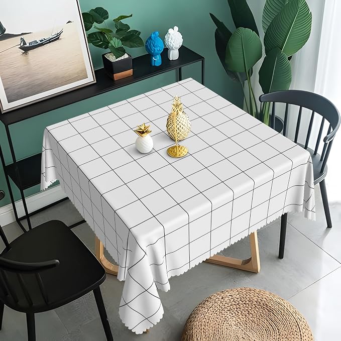White Check Square Tablecloth 60x60 Inch Classic Stripes Table Cloth Dust-Proof Table Cover Protector for Home Restaurant Picnic Camping BBQ Waterproof Resistant Polyester Square Tablecloths