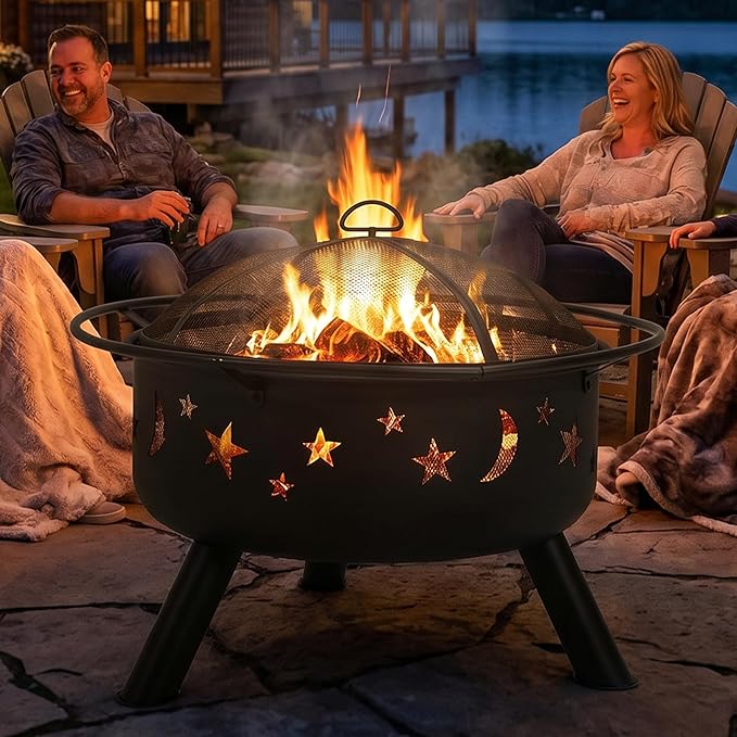 Sunnydaze Cosmic 30-Inch Outdoor Fire Pit with Grill Grate, Spark Screen, and Fireplace Poker - Round Steel Metal Wood-Burning Outside Firepit for Patio, Backyard, Porch, Deck - Bronze