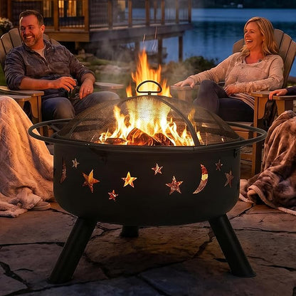 Sunnydaze Cosmic 30-Inch Outdoor Fire Pit with Grill Grate, Spark Screen, and Fireplace Poker - Round Steel Metal Wood-Burning Outside Firepit for Patio, Backyard, Porch, Deck - Bronze