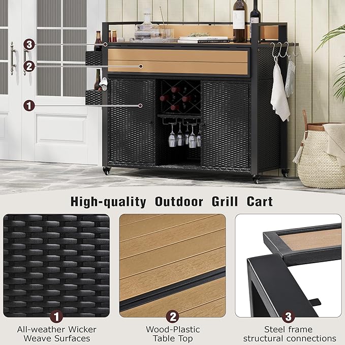 52.8" W Wicker Outdoor Grill Cart with Extended Plastic Wood Table Top,Rolling Kitchen Island on Wheels with Cabinet and Double Handle,for Patio Backyard Garden Poolside (Black Brown#t)