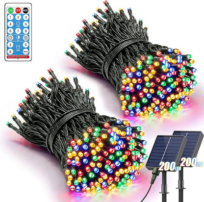 2 Pack 200LED Solar Christmas String Lights Outdoor Waterproof | Total 132FT Twinkle Lights with 8 Lighting Modes Remote for Outside Christmas Trees Decorations, Multicolor