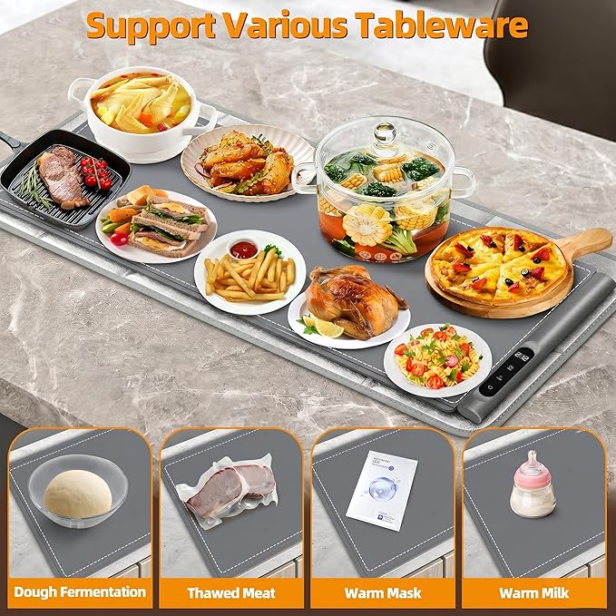Newise Graphene Warming Mat for Food, Extra Large (XXL 36”x 16") Electric Warming Trays for Buffets Party Countertop with 6 Temp & Timer Settings, Kitchen Gifts for Mom Wife, Gray