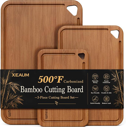 Deep-Carbonized,Royal Craft Wood Bamboo Cutting Board Set, 3-Piece | Durable Bamboo w/ Deep Juice Grooves | Non-Slip & Knife-Friendly | Versatile for Meat, Bread, Veggies | Easy to Hang Store