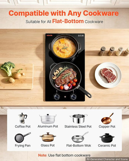 VEVOR Electric Cooktop 12in 2 Burners Portable Stove Top 1800W 120V Plug In, Ceramic Countertop/Built-in Radiant Electric Stove, with 11 Power Levels, Over-Heat Guard, Knob Control