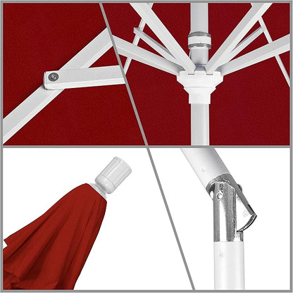 California Umbrella 9' Round Aluminum Market Umbrella, Crank Lift, Collar Tilt, White Pole, Red Olefin