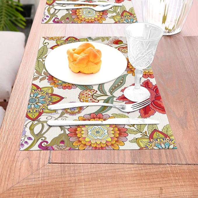 Boho Floral Placemats Set of 4, Colorful Decorative Place Mats | Flower Table Mats for Kitchen Dining Table, Washable Linen Placemat 12"x18", Housewarming Gifts for New Home