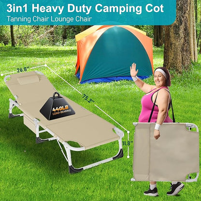 ABORON Oversized Folding Sun Tanning Chair, 3 in 1 5-Position Adjustable Outdoor Heavy Duty Chaise Lounge Chairs, with Face & Arm Holes, Mattress, Pillow, for Beach Pool Lawn Yard Patio