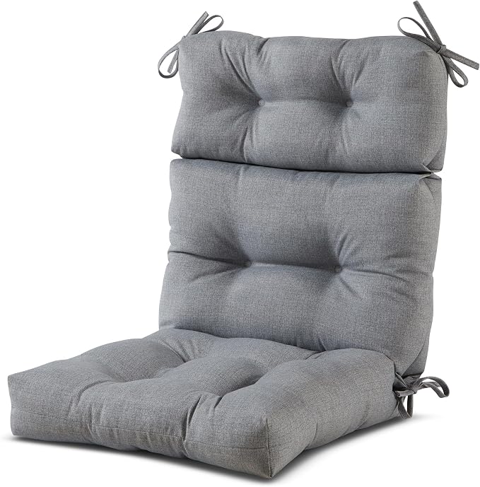 Outdoor Tufted High-Back Chair Cushions, One-Piece Hinged Seat and Back Design, Reversible with 4 Ties, Durable Polyester Fabric, Recycled Fiber Fill - Single, Heather Gray