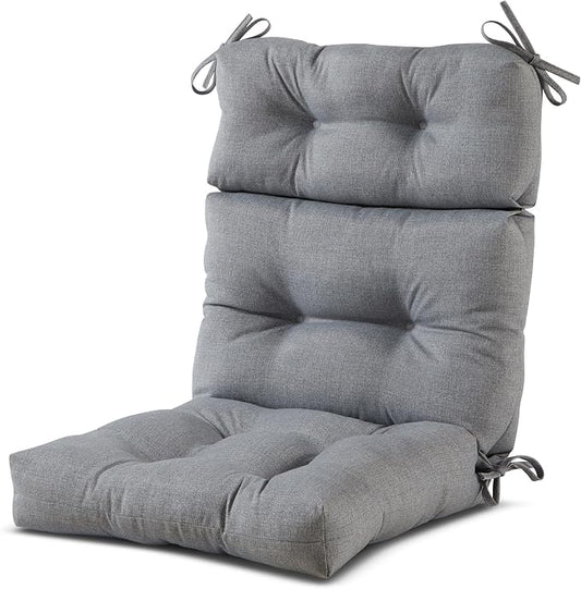 Outdoor Tufted High-Back Chair Cushions, One-Piece Hinged Seat and Back Design, Reversible with 4 Ties, Durable Polyester Fabric, Recycled Fiber Fill - Single, Heather Gray