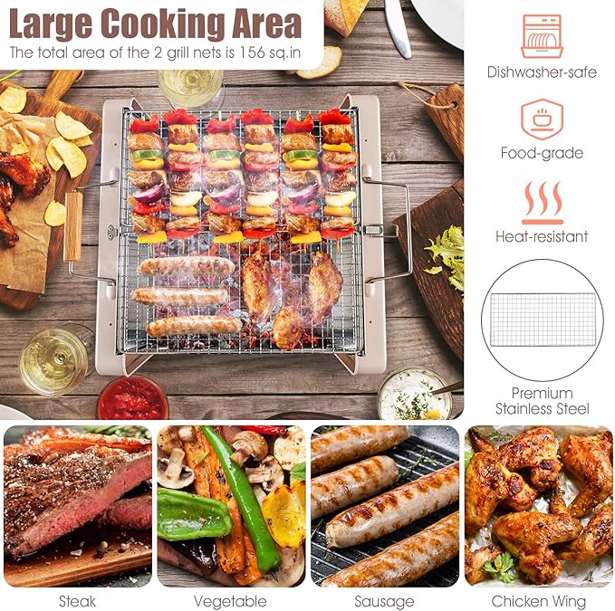 HAPPYGRILL Portable Folding Charcoal Grill, Outdoor Mini BBQ Grill with 2 Stainless Steel Grill Nets, Charcoal Box & Insulated Rubber Wood Handle, Tabletop Charcoal Grill for Camping, Travel & Picnic