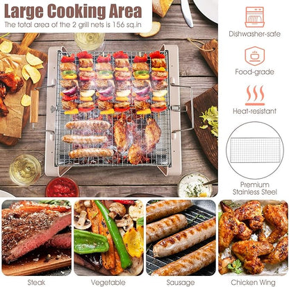 HAPPYGRILL Portable Folding Charcoal Grill, Outdoor Mini BBQ Grill with 2 Stainless Steel Grill Nets, Charcoal Box & Insulated Rubber Wood Handle, Tabletop Charcoal Grill for Camping, Travel & Picnic