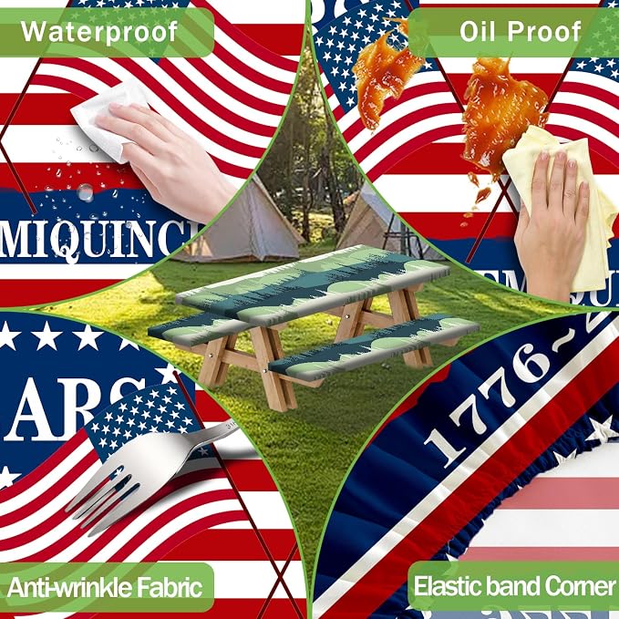 250th Anniversary America Flag Picnic Table Cover with Bench Covers Camping Essentials 250 USA Flag 1776-2026 Waterproof Fitted Camping Tablecloth Cover with Elastic Edge for Outdoor 3 PCS 30x72 Inch