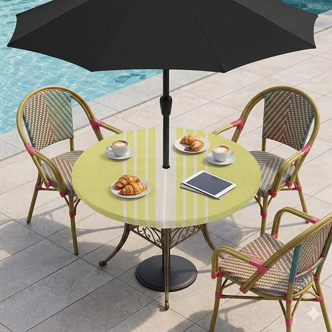Outdoor Fitted Tablecloth with Umbrella Hole and Zipper, Yellow Beige Striped Elastic Round Patio Table Cover, Farmhouse Retro Lines Modern Windproof Table Protector for Backyard BBQ Party 55''-60''