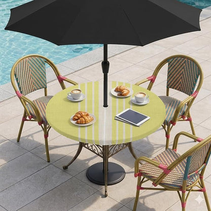 Outdoor Fitted Tablecloth with Umbrella Hole and Zipper, Yellow Beige Striped Elastic Round Patio Table Cover, Farmhouse Retro Lines Modern Windproof Table Protector for Backyard BBQ Party 55''-60''