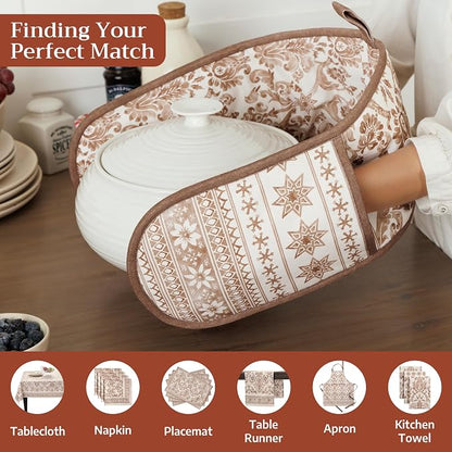 Maison d' Hermine Double Oven Mitts 100% Cotton Double Oven Glove (7"x35") | Heat Resistant BBQ Cooking Gloves with Loop Baking Kitchen Home Hotel Farmhouse Thanksgiving Christmas - Allure