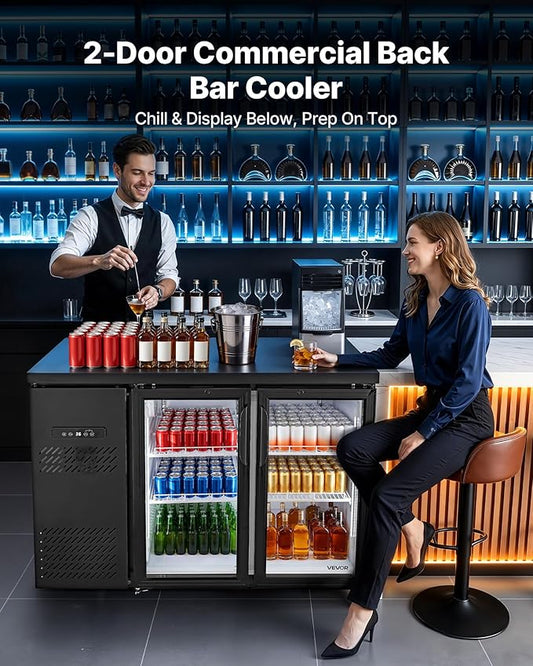 VEVOR Back Bar Cooler, 11.8 Cu. Ft Counter Height Beverage Refrigerator, Commercial Display Fridge w/ 2 Glass Doors, LED Lighting, Shelves, Fan Cooling Beer Wine Cooler for Pub, Merchandiser, Office