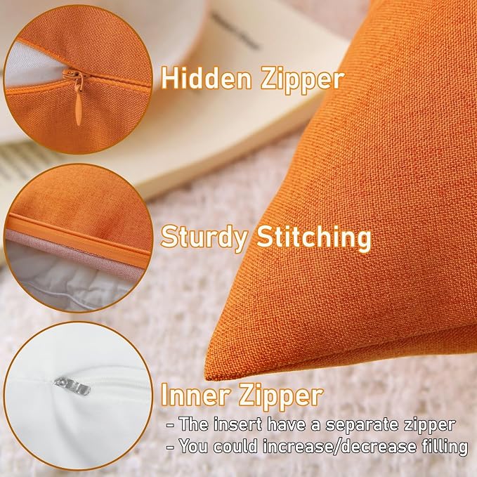 Outdoor Throw Pillows with Inserts, Waterproof Pillows for Outdoor Seating, Square Decorative Garden Cushion for Patio Furniture, Bed, Couch, Sofa(Orange, 18" x 18" (Pack of 4))