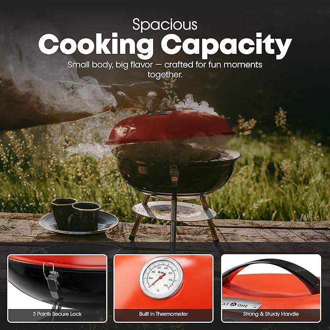 GasOne – Red 14-inch Portable Barbecue Grill with Thermometer - 3-Point Locking Lid for Heat Preservation – Dual Venting System – Small Charcoal Grill for Backyard, Camping, Boat