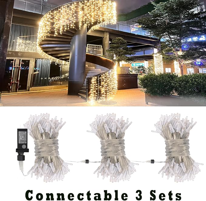 Eueasy Curtain Lights Outdoor, 300 LED Lights with 8 Lighting Modes. 15×3 FT Connectable, for Balconies, Fences, Stairs and Guardrails