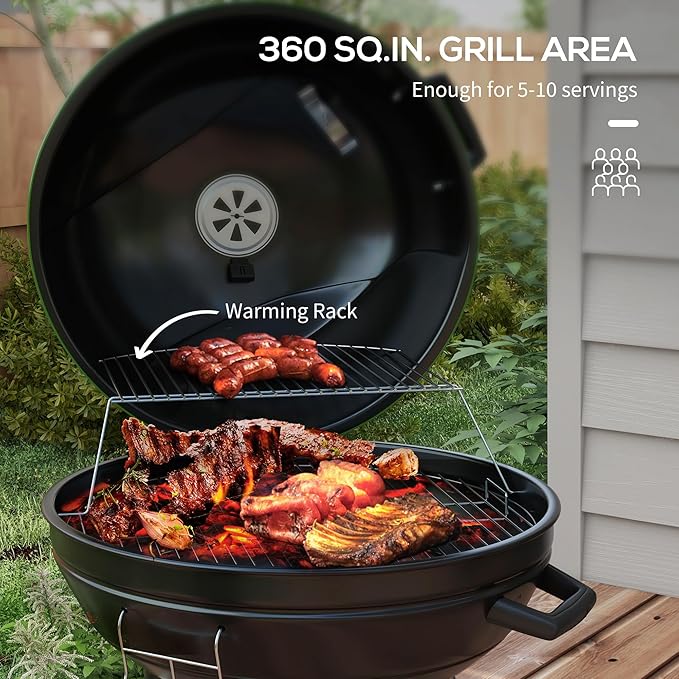 21" Kettle Charcoal BBQ Grill Trolley with 360 sq.in. Cooking Area, Outdoor Barbecue with Shelf, Wheels, Ash Catcher and Built in Thermometer for Patio, Backyard Party, Green