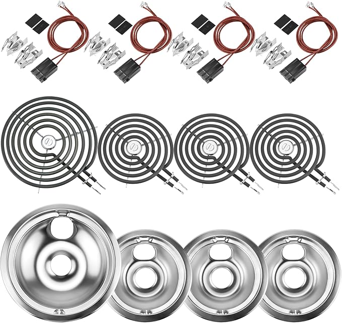 Silver Burner Drip Pans WB31T10010(6") WB31T10011(8") Electric Stove Burner Replacement WB30M1(6") WB30M2(8") WB17T10006 Terminal Block Compatible for G-E Hot-point Ken-more by MIFLUS