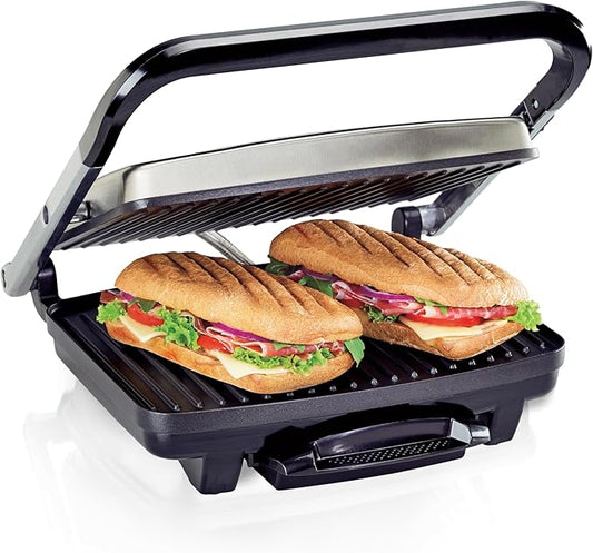 Hamilton Beach Panini Press, Sandwich Maker & Electric Indoor Grill, Upright Storage, PFAS-Free Nonstick Easy Clean Grids, Stainless Steel (25410)