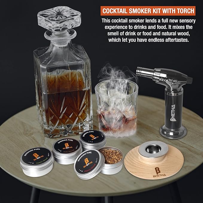 BHETHA-Cocktail Smoker Kit with Torch, 4 tasty Wood Chips Flavors (Apple, Walnut, Cherry, Oak) for Bourbon & Whiskey- Bar accessories for old fashion cocktails. Gifts for Men, Husband, Dad (No Butane)