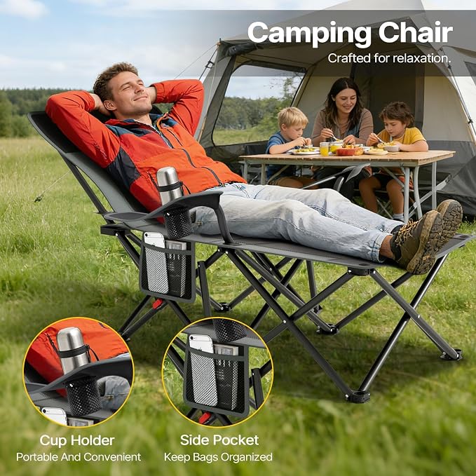 Suteck Camping Chair with Foot Rest, Reclining Folding Beach Chairs, Black | Adjustable 90°-140° Lounge Chair,Heavy Duty Outdoor Recliner Chairs with Cup Holder & Side Pockets,Supports 500lbs,Carry Bag