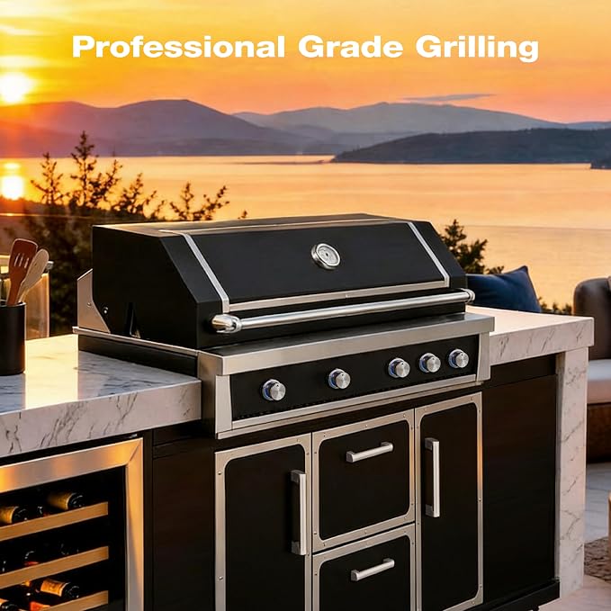 49" Stainless Steel Propane Gas Grill, 4 Burners & Infrared Burner, Black | 304 stainless steel 99,000 BTU Infrared burner Versatile cooking space Storage drawers Warming rack Versatile cooking space