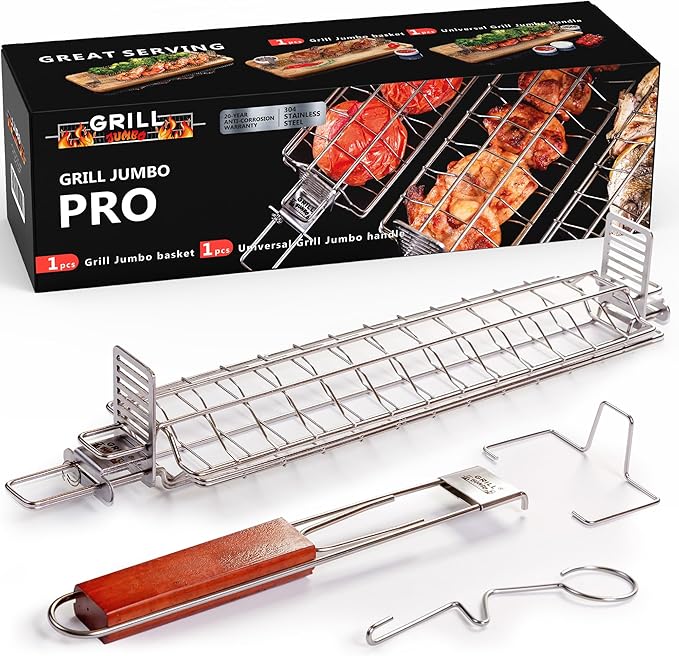 Grill Basket Set (1 Pack) – Adjustable Stainless Steel Grilling Baskets with Rotating Handle – Fish, Vegetable & Meat Grill Basket for Charcoal & Gas BBQ – Gift for Men & Dad