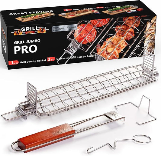 Grill Basket Set (1 Pack) – Adjustable Stainless Steel Grilling Baskets with Rotating Handle – Fish, Vegetable & Meat Grill Basket for Charcoal & Gas BBQ – Gift for Men & Dad