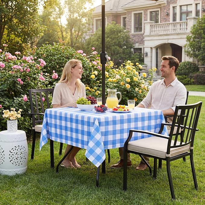 Poise3EHome Square Outdoor Tablecloth with Umbrella Hole and Zipper,Blue and White Gingham 60x60 Inch,SpillProof Washable Table Cloth for Spring Summer Patio Garden Poolside Picnic Camping BBQS