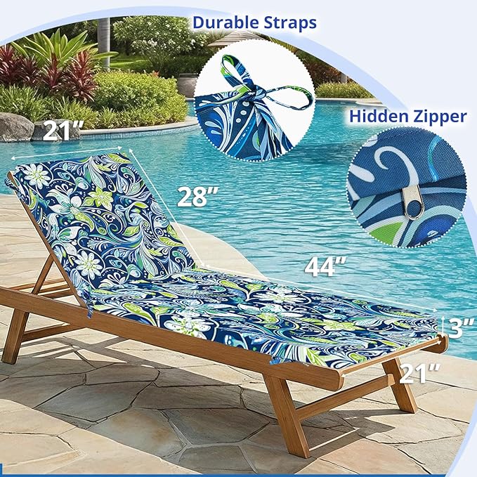 Fabuday Chaise Lounge Chair Cushions for Outdoor Furniture - 72 x 21 x 3 Inch Waterproof Patio Pool Sunbrella Lounger Pads Replacement with Removable Cover, Green Floral, Set of 2
