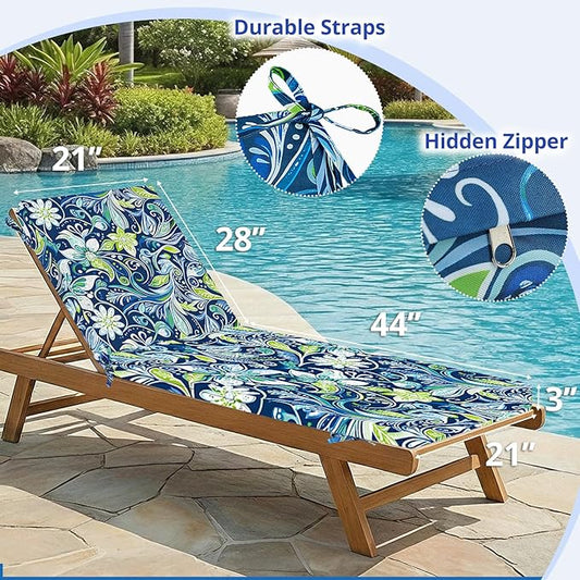 Fabuday Chaise Lounge Chair Cushions for Outdoor Furniture - 72 x 21 x 3 Inch Waterproof Patio Pool Sunbrella Lounger Pads Replacement with Removable Cover, Green Floral, Set of 2