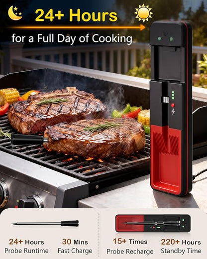 ±0.5°F Accurate Shows Internal Temp Wireless Meat Thermometer | Smart 3-Step App Easy Setup Ready in 1 Mins - 24 Hours Probe Lasts All-Day Withstands Max 572°F Heat Oven Safe