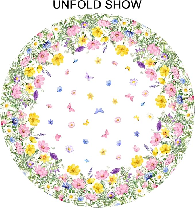 Sweetshow Spring Summer Colorful Floral Table Cloth Round Yellow Pink Purple Wildflowers Butterflies Tablecloth 70 Inch Decor Washable Stain and Wrinkle Spring Round Table Cover for Dining Picnic