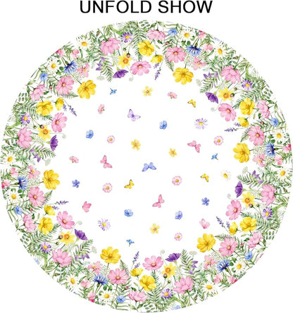 Sweetshow Spring Summer Colorful Floral Table Cloth Round Yellow Pink Purple Wildflowers Butterflies Tablecloth 70 Inch Decor Washable Stain and Wrinkle Spring Round Table Cover for Dining Picnic