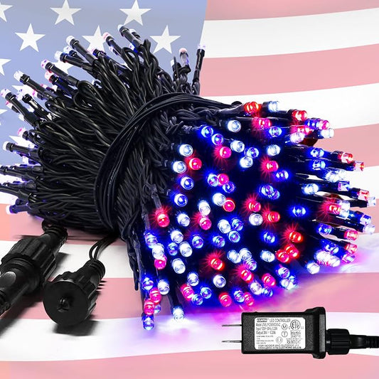 JMEXSUSS 200 LED 66ft Red White and Blue Lights Outdoor Plug in | Connectable Waterproof 4th of July Lights, 8 Modes Patriotic String Lights for Tree Independence Day Indoor Decorations