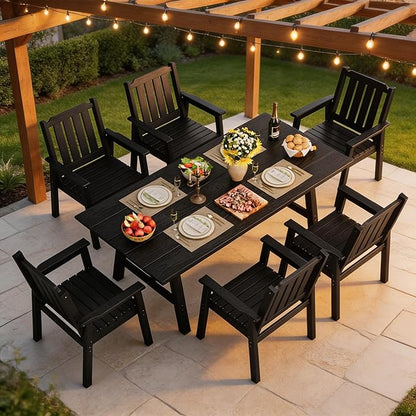 Outdoor Dining Table 6 Person, Rectangle HDPE Patio Table with 2.1" Umbrella Hole, Triangular Legs, Weatherproof Heavy Duty Backyard Furniture for Garden, Deck, Poolside, Easy Assembly (Balck)
